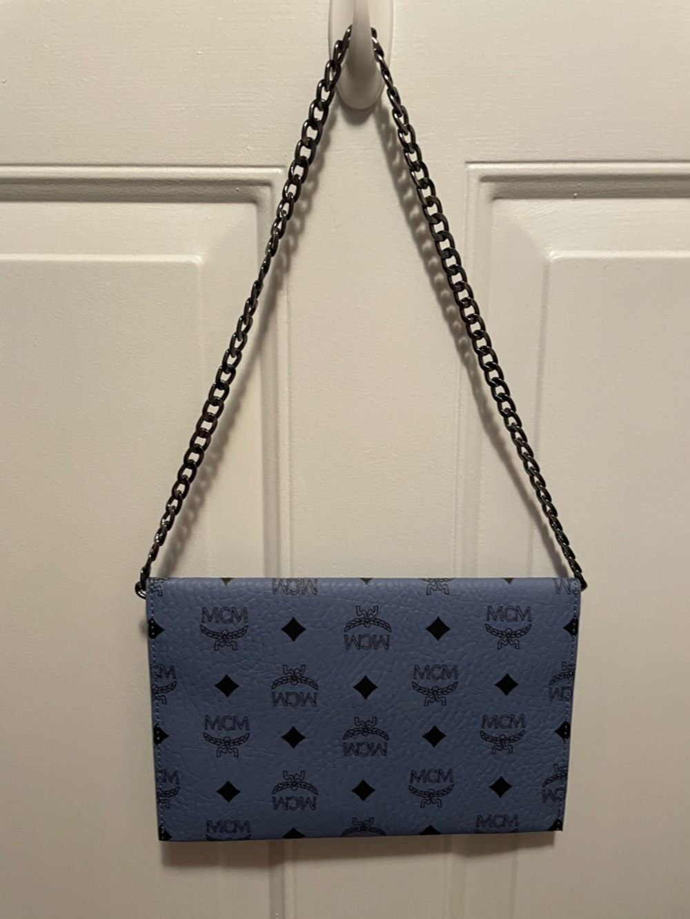 MCM Light Blue Logo Envelope Wallet clutch pouch like new with chain - Picture 3 of 11